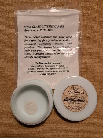 Antique Pharmacy Milk Glass Ointment Jar with Label 1