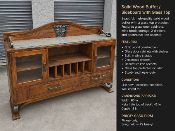 Solid Wood Buffet / Sideboard with Glass Top – Premium Piece 1