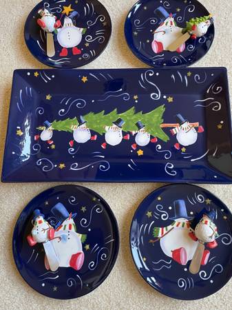 Snowman Platter Serving Dishes and matching small serving knifes 1