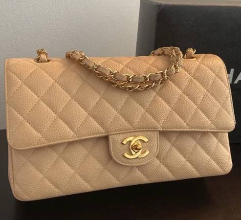 Chanel Caviar Classic Medium Flap Beige 24k gold hardware bag 1