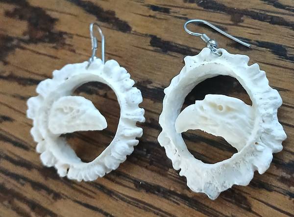 Carved Horn Earrings 3D One Of A Kind Signed Eagle 1