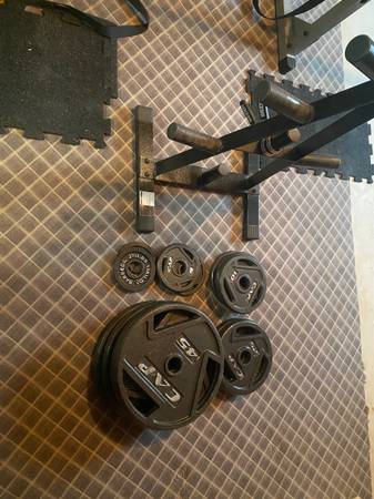 Powerline rack, barbell, weights, OBO 1