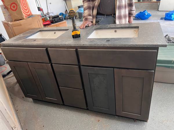 60 inch bathroom vanity display model with granite top and sinks 1