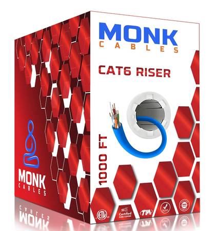 CAT6 Riser Cable 1000ft, 100% Copper ETL Listed Blue MONK CABLES NEW 1