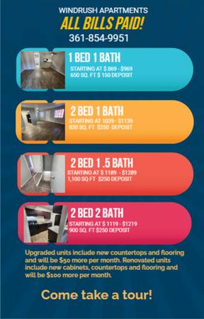 $1,139 / 2br - 830ft2 - 2/1 bedroom for $1139 ALL BILLS INCLUDED (Corpus Christi)64036538117377120
