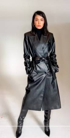 NEW w/ Tags LBV Long Black (Vegan) Leather Peacoat Size XL Retail $189 1