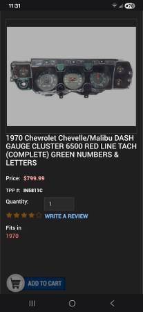 1970 Chevelle Malibu dash cluster 6500 RED LINE TACH 1