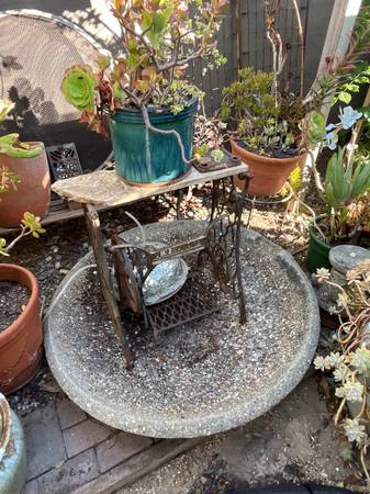 garden items, plants, singer metal stand, cement bowl 1