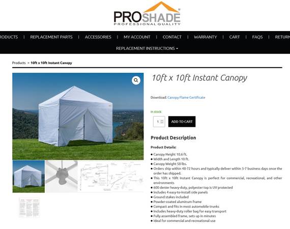 PROSHADE 10' X 10' POPUP CANOPY WITH SIDES IN BOX 1