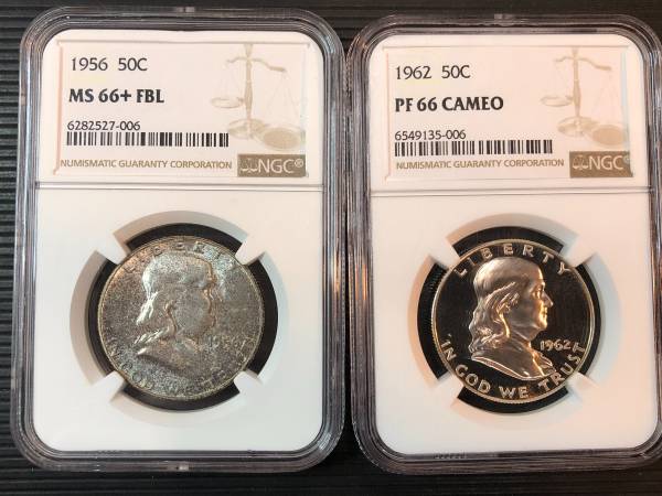 NGC Graded Franklin Half Dollars 1956 MS66+ FBL & 1962 PF66 Cameo 1