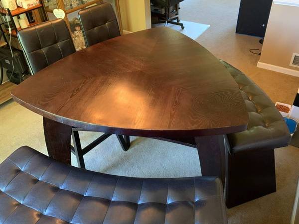 Dark Solid Wood Counter Height Rounded Triangle Dining Table 52.5Lx52. 1