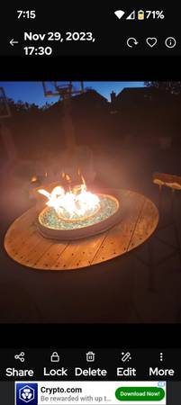 Wine barrel fire pit table with 4 industrial Starbucks barstools - $1,400 (Tracy)63471027645313121
