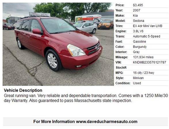 2007 Kia Sedona EX con bajo kilometraje - $3,495 (Lowell, MA *www.daveducharmesauto.com)63615730421377121