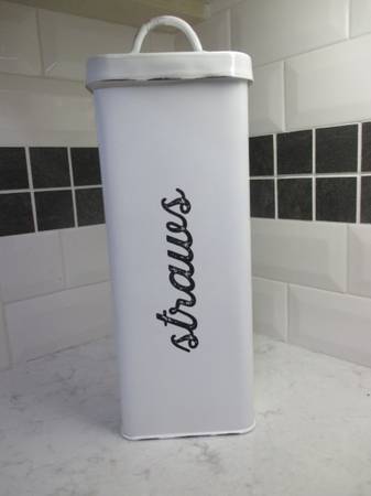 White Enamelware Metal Straw Holder Canister Container Farmhouse Look 1
