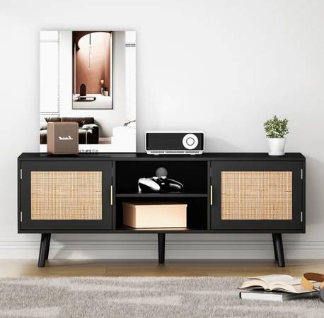 RATTAN DOOR BLACK MCM MEDIA CONSOLE - ALLNEW 1