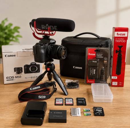 Canon 4K EOS M50 Mirrorless Bundle w/ phone pairing, Extra battery & Memory card 1