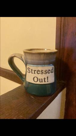 Oversized ceramic “stressed out” mug. Green base off white and light p 1