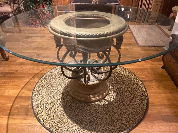 Classic Round Glass Dining Table w/Stone & Wrought Iron Base 1