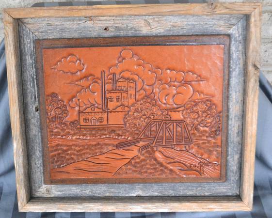 Vintage Tooled Leather Picture Spoetzl Brewery Framed Signed 1