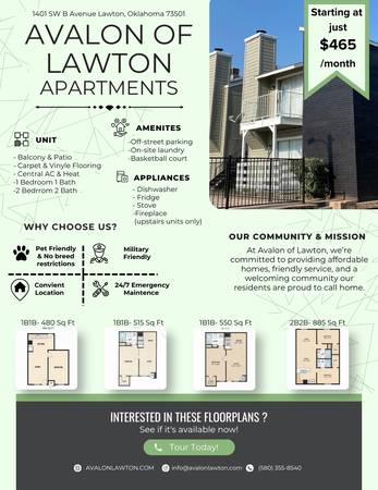 $465 / 1 dormitorio - 480 pies² - 🏡 Apartamentos Avalon – ¡Ahora alquilando departamentos de 1 y 2 dormitorios! 🏡 (Lawton, OK)