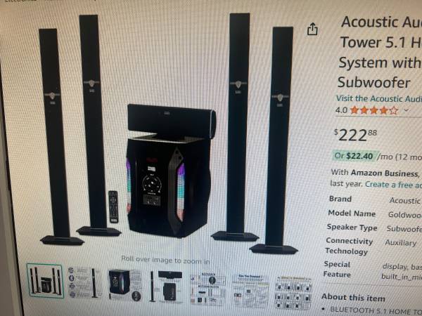 Sistema de altavoces Acoustic Audio AAT1003 Bluetooth Tower 5.1 para cine en casa - $75 (West Hills)63471467396353120