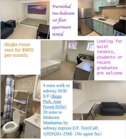 Furnished 2Br 1st floor Apt. rental, 4 mins walk to subway 1