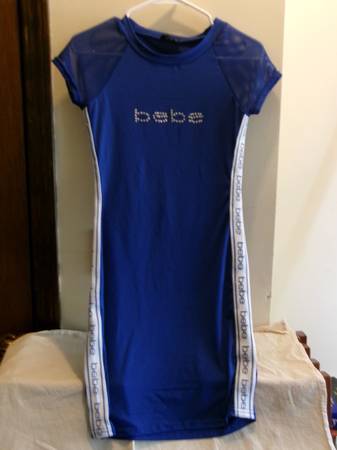 BEBE dress: royal blue mini w/ rhinestone logo, mesh s/s, logo on side 1