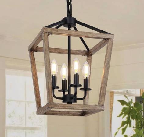 4 Light Farmhouse Chandelier, Rustic Ceiling Light Lantern Light Fixture with Wo 1