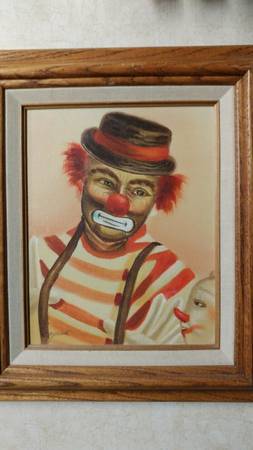 Framed Rare Oil Clown Painting w/Hat 1