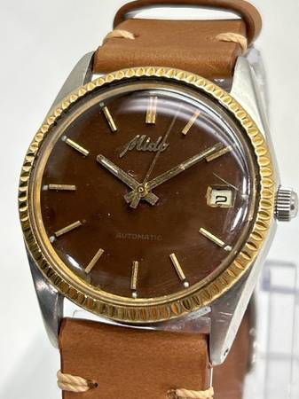 Mido Automatic Vintage ETA 2872 Chocolate Dial Gold Fluted Bezel Date 1