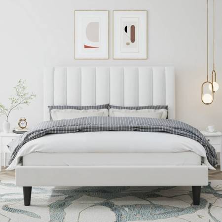 Full Size Platform Bed Frame with Upholstered Velvet Channel Headboard, White 1
