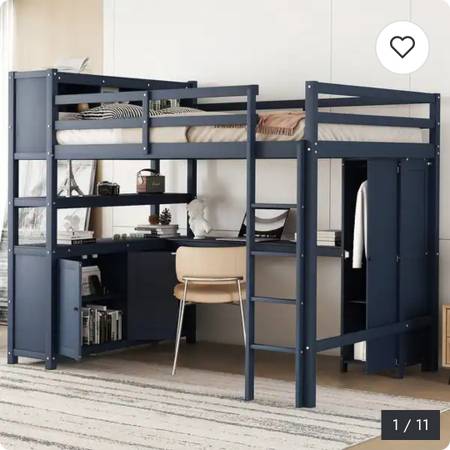 Dark Blue Full Pine Wood Loft Bed with Cabinet & Desk 1