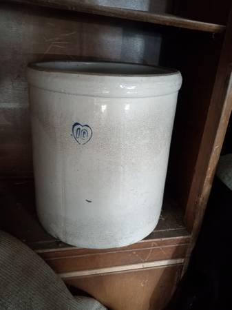 Antique 10 gallon crock with blue hallmarks. 1