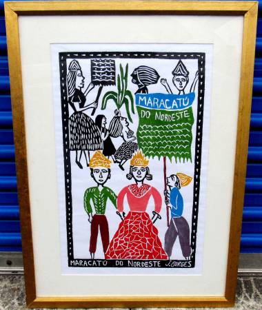 VNTG FOLK WOODBLOCK PRINT MARACATU  BRAZIL JOSE FRANCISO BORGES 1