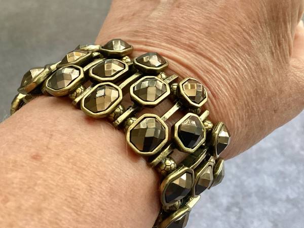 1990s Triple Row Bronze Colored Stretch Bracelet Faceted Beads 1