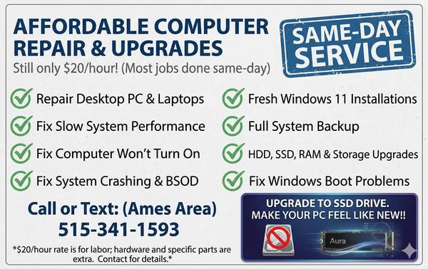 $20 Computer Repair, Same Day Computer Services Ames 1