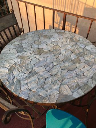 Stone patio table and 3 matching chairs and pads - $150 (Albany)63437106771073124