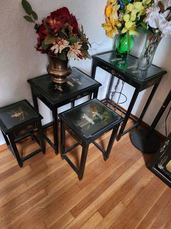 Vintage Oriental Nesting Tables with Soapstone Inlay - Set of 4 1