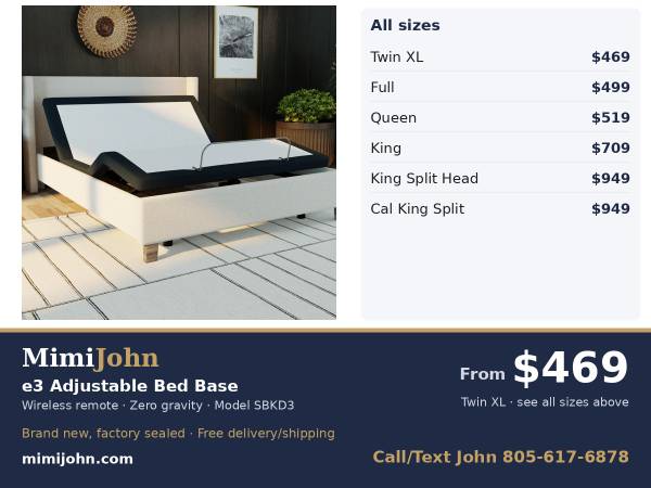 From $469 New e3 Adjustable Bed Base SBKD3 - Free Delivery 1