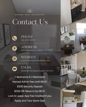 $975 / 688ft2 - $0 Admin Fee + $100 Off Monthly Rent + $250 Additional Off 1st Month (5951 Melody Lane Dallas, TX)63796257283587120