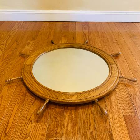 Mid-Century Large Nautical Wooden Ship Wheel Shaped Wall Mirror 1