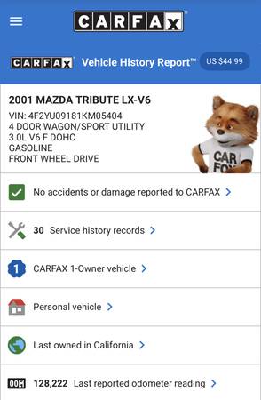 2001 Mazda Tribute LX (One Owner/Well Maintained) - $3,950 (fremont / union city / newark)63477448359553122