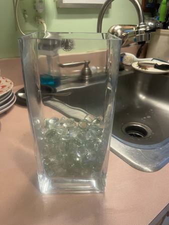 Glass Rectangular Vase, Comes w/Glass Marbles, 8.75"H x 4"W x 3"D 1