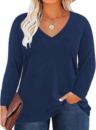 Women's Plus Size Tops Long Sleeve Tee Shirt V Neck Basic Ladies Loose 1