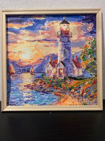 Framed Lighthouse Sunset Artwork – Hand-Painted – 16 x 16 1