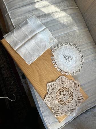 3 Piece Antique Hand-Made Crocheted Lace Doilies, Handkerchief, All Fo 1