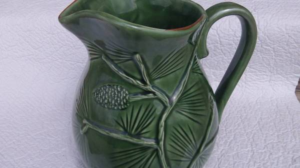Green Glazed Ceramic Pitcher -  Raised  Pine Cone/Branch 1