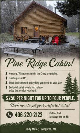 $250 / 3br - 1200ft2 - Hunting Cabin for Rent! (Wilsall, Mt.)