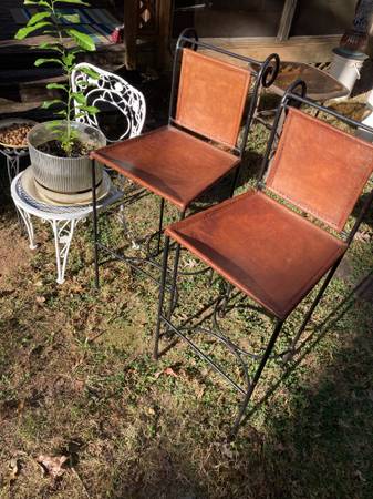 Spanish Leather and Wrought Iron Vintage Bar Stools- Heavy Solid Cond. 1