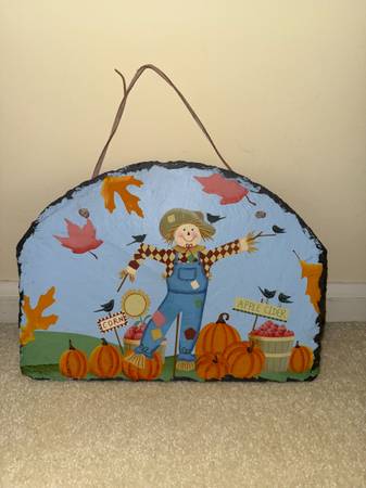 fall decor -- scarecrow pumpkin patch on stone 1